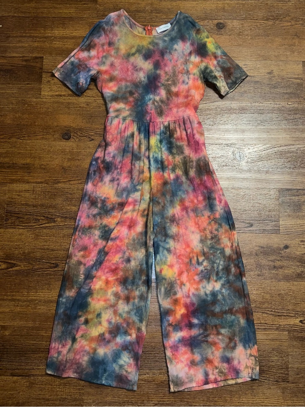 Handmade Tie-Dye Wide Leg Multicolor Cotton Jumpsuit Boho Festival Hippie Size M